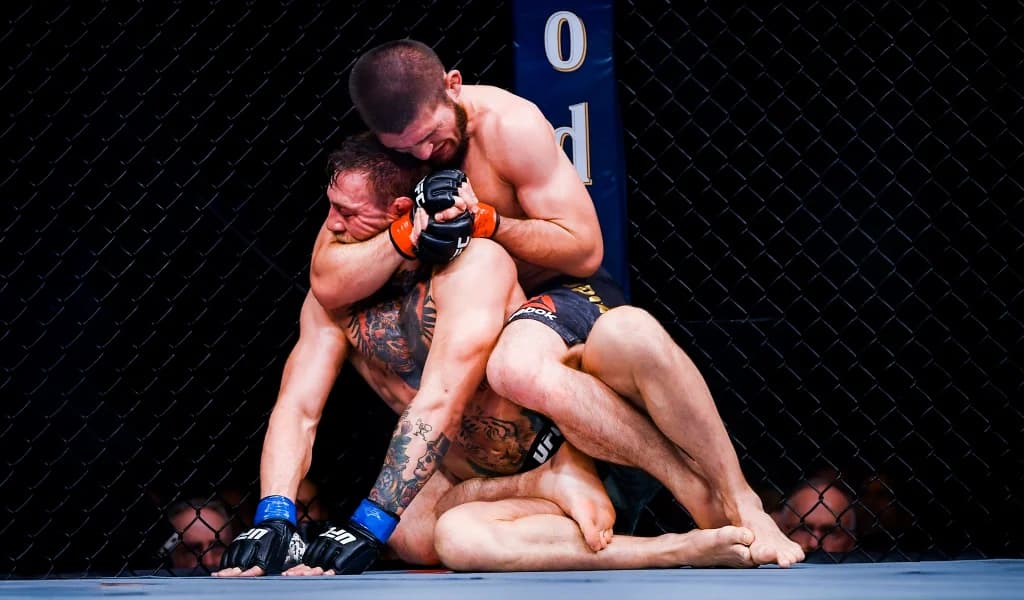 Khabib Nurmagomedov applying ground and pound on Conor McGregor during their UFC 229 fight