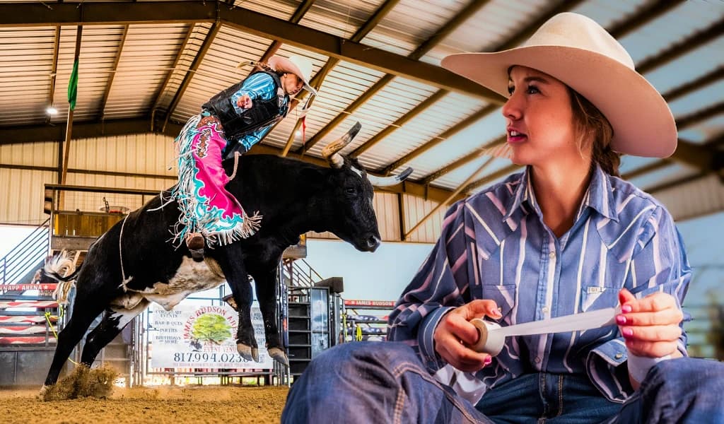 Montage of Jorden Halvorsen watching from the sideline and a female bull rider competing at James Hudson Knapp Arena.