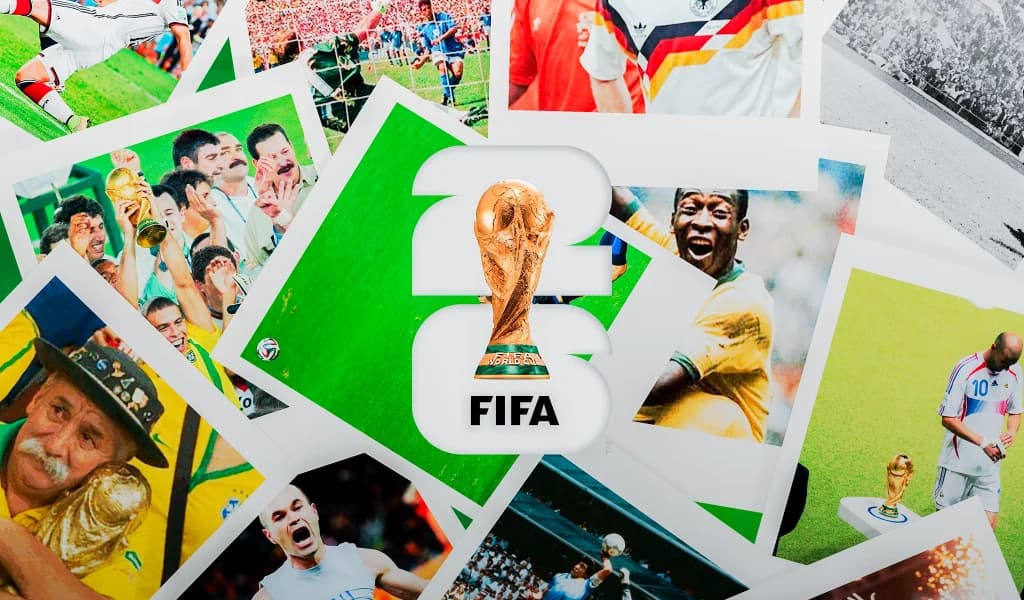 Collage of historic World Cup photos and trophy celebrations behind a stylized 2026 FIFA logo.