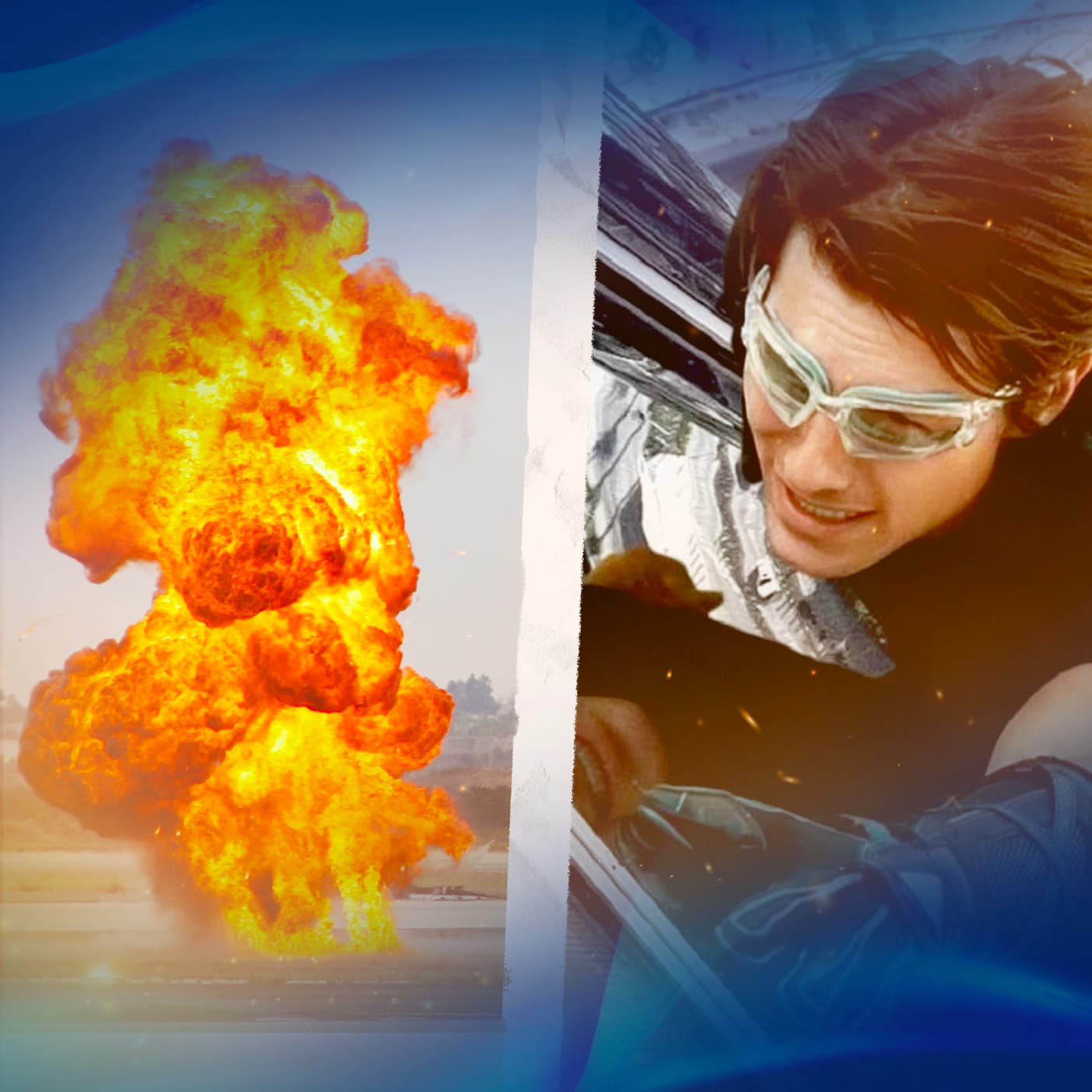 Shots of stunts from Hollywood films, large explosion, stuntman