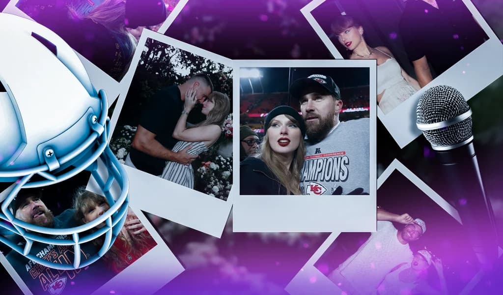 Collage of Taylor Swift and Travis Kelce 2025 moments, Super Bowl, engagement