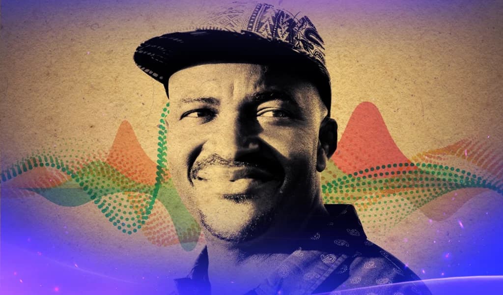 Selema Masekela featured over an artistic canvas.