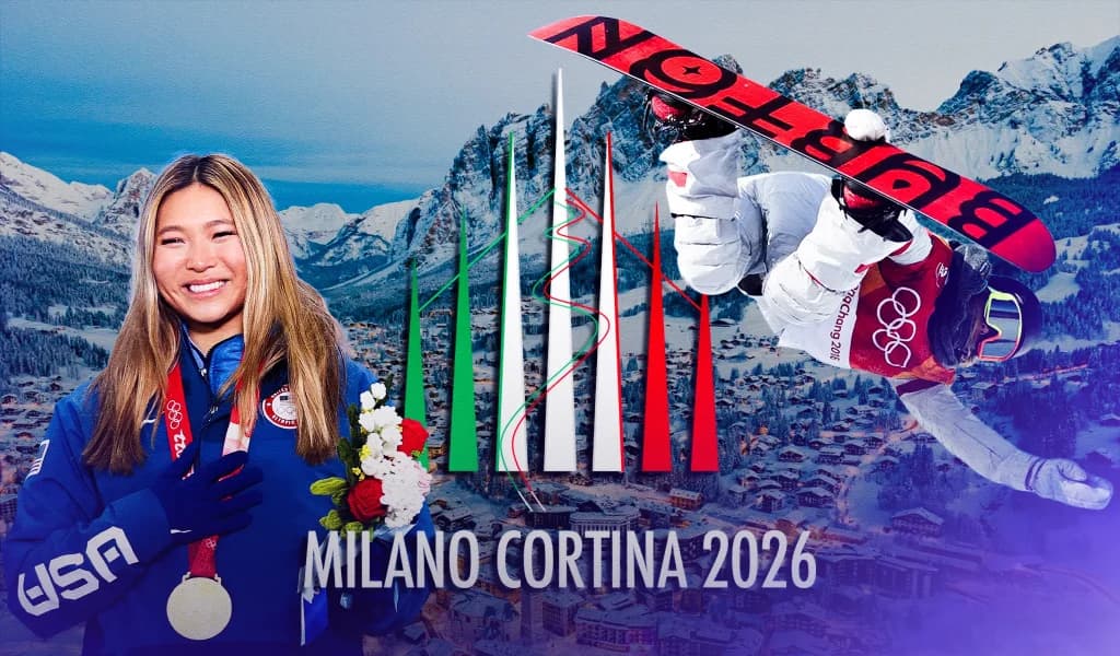 Snowboarder midair above snowy mountains alongside a medal-winning female athlete, with Milan Cortina 2026 text.