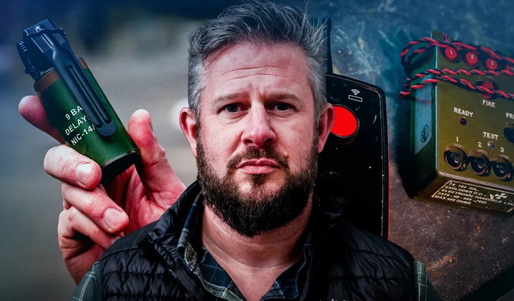 Portrait of bomb disposal expert Kim Hughes with explosive devices and detonation equipment in a composite background.