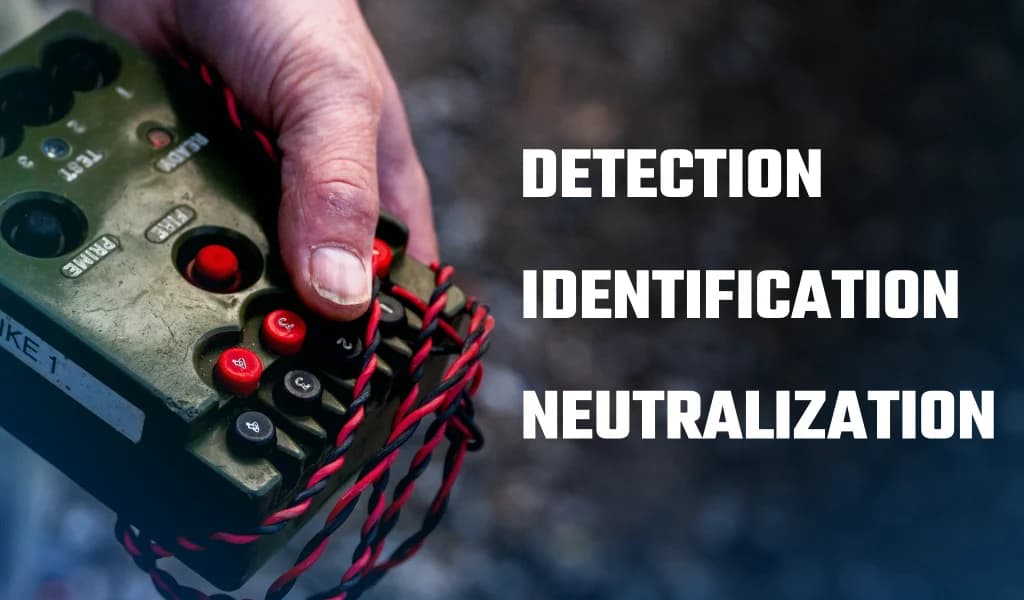 Close-up of a hand operating a wired explosive device control unit with the words “detection, identification, neutralization.”