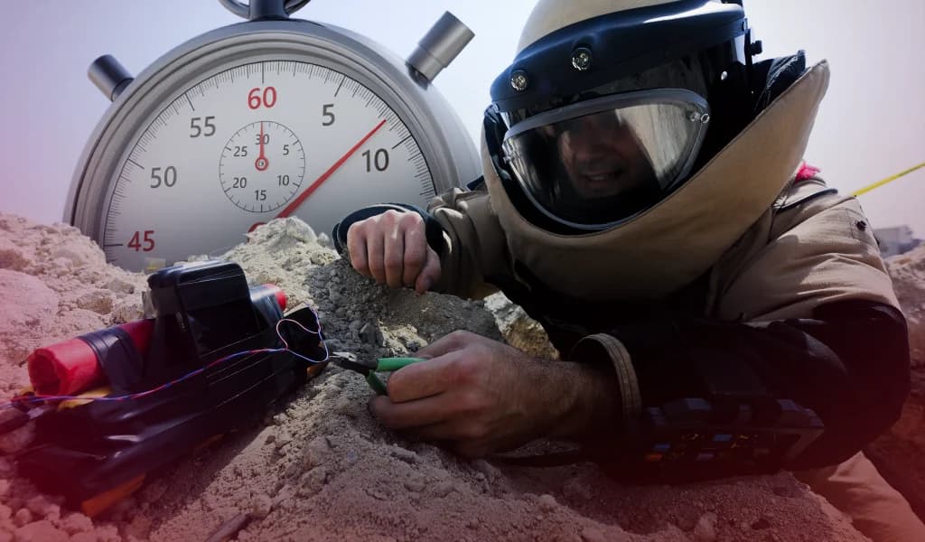 Man in a protective suit cutting wires on an explosive device with a stopwatch graphic in the background.