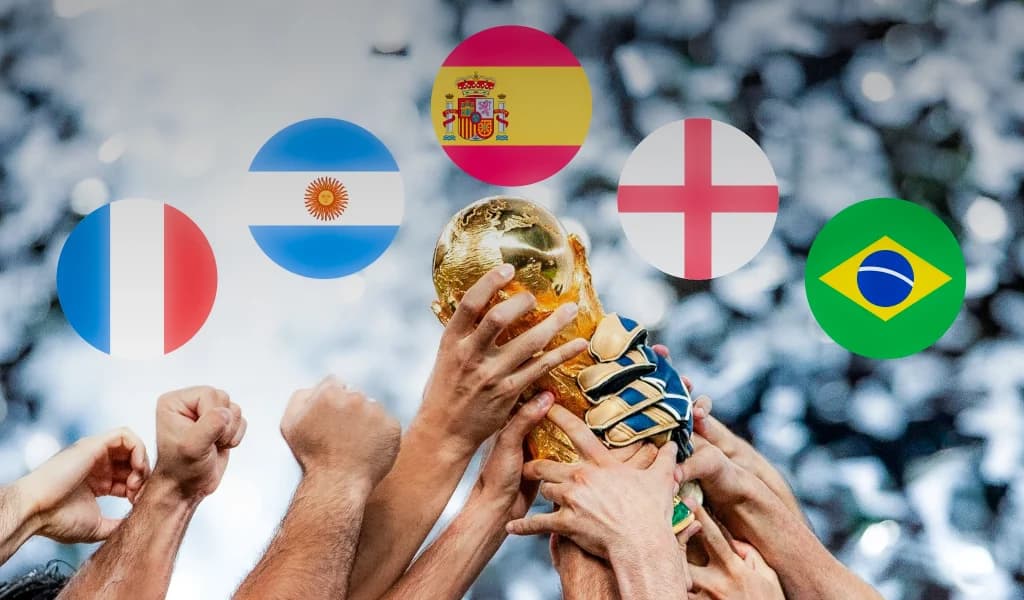 Hands lifting the World Cup trophy below flag badges for France, Argentina, Spain, England, and Brazil.