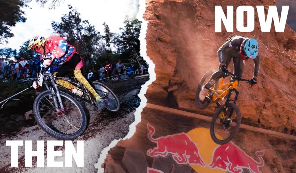 Montage of two mountain bikers with text Then and Now showing early freeride racing style versus modern Red Bull terrain riding.