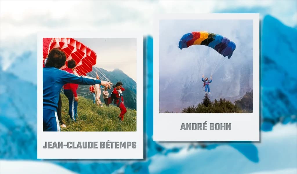 Polaroid photos of Jean-Claude Betemps preparing a parachute on a hillside and Andre Bohn landing with an early canopy.