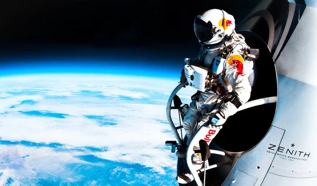 Felix Baumgartner in a Red Bull Stratos spacesuit during his record-breaking freefall jump.