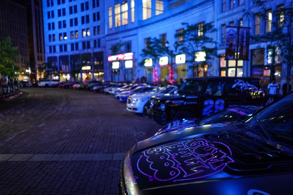 Gumball 300 cars at night in Indianapolis