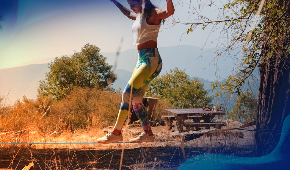 Leticia Bufoni walks a slackrope a foot off the ground, stressing the importance of starting your walks from safe heights.