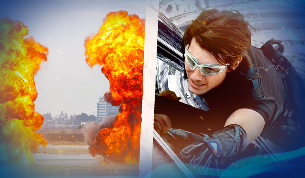 A split-screen of explosions and a man clinging to a skyscraper, performing a high-intensity action stunt.