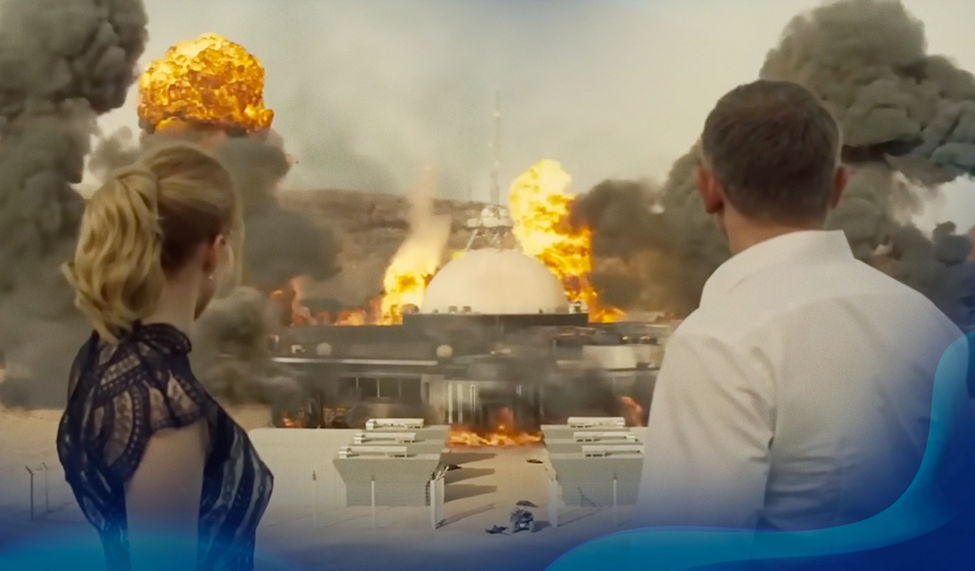 A massive explosion at a secret dome facility as two characters look on from a distance in this dramatic action scene.