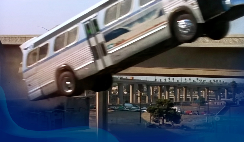 A bus leaps through the air off a highway overpass during a high-speed chase, defying gravity in an iconic action scene in the movie Speed.