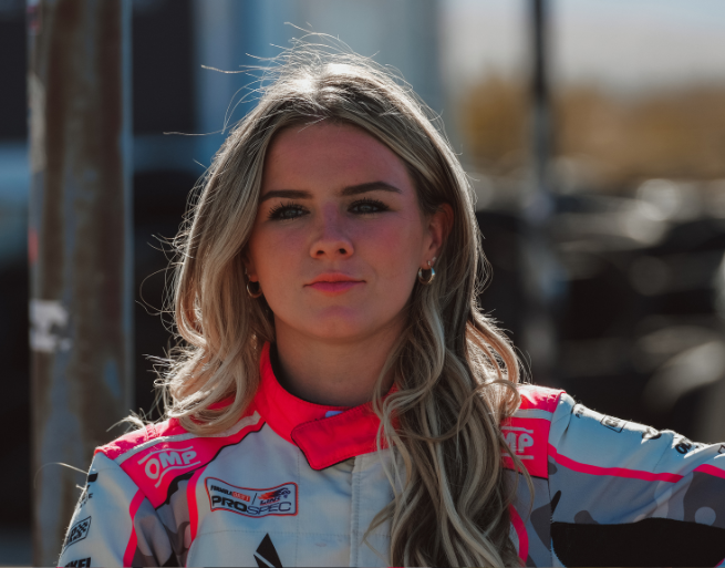 Amanda Sorensen, racecar driver closeup shot in her racing suit