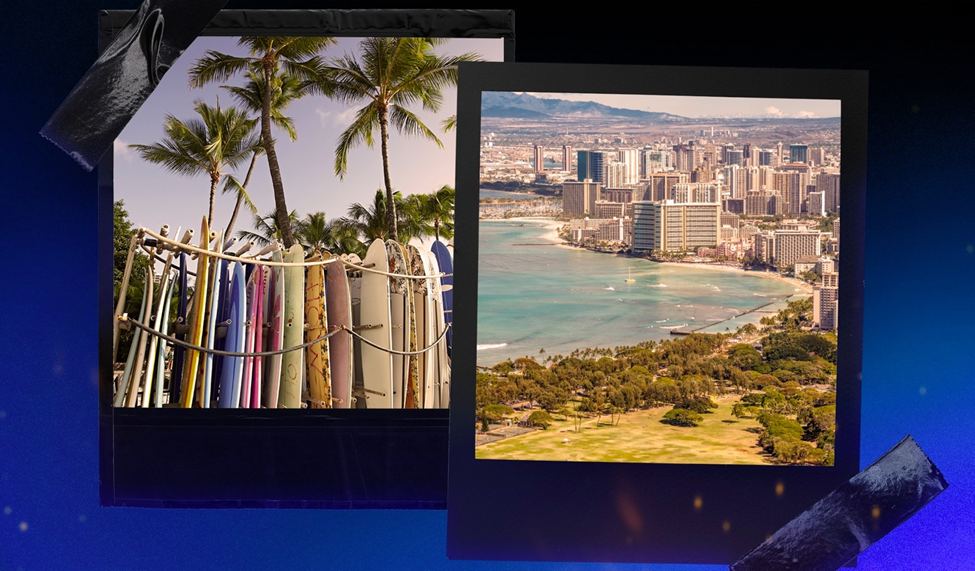 A rack of colorful surfboards on a tropical beach with palm trees, alongside a view of Waikiki’s skyline and oceanfront.