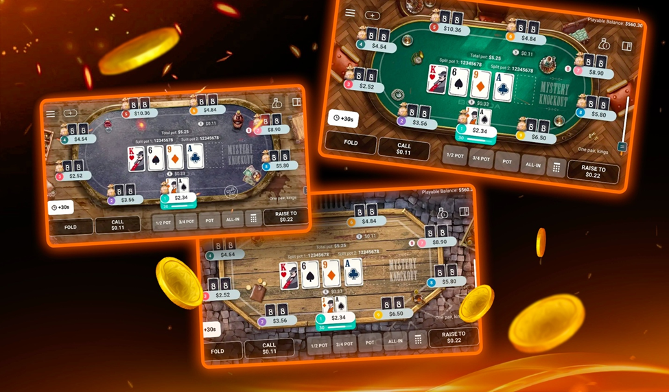 Three 'Mystery Knockout' poker tables showing active games with glowing coins surrounding the frames.