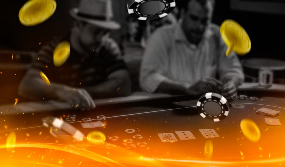 Black and white poker scene with two players, highlighted by glowing coins and poker chips.